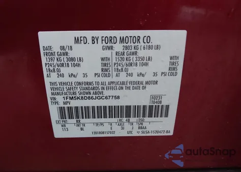 2018 Ford Explorer Xlt z USA, uszkodzony, nr VIN 1FM5K8D86JGC67758